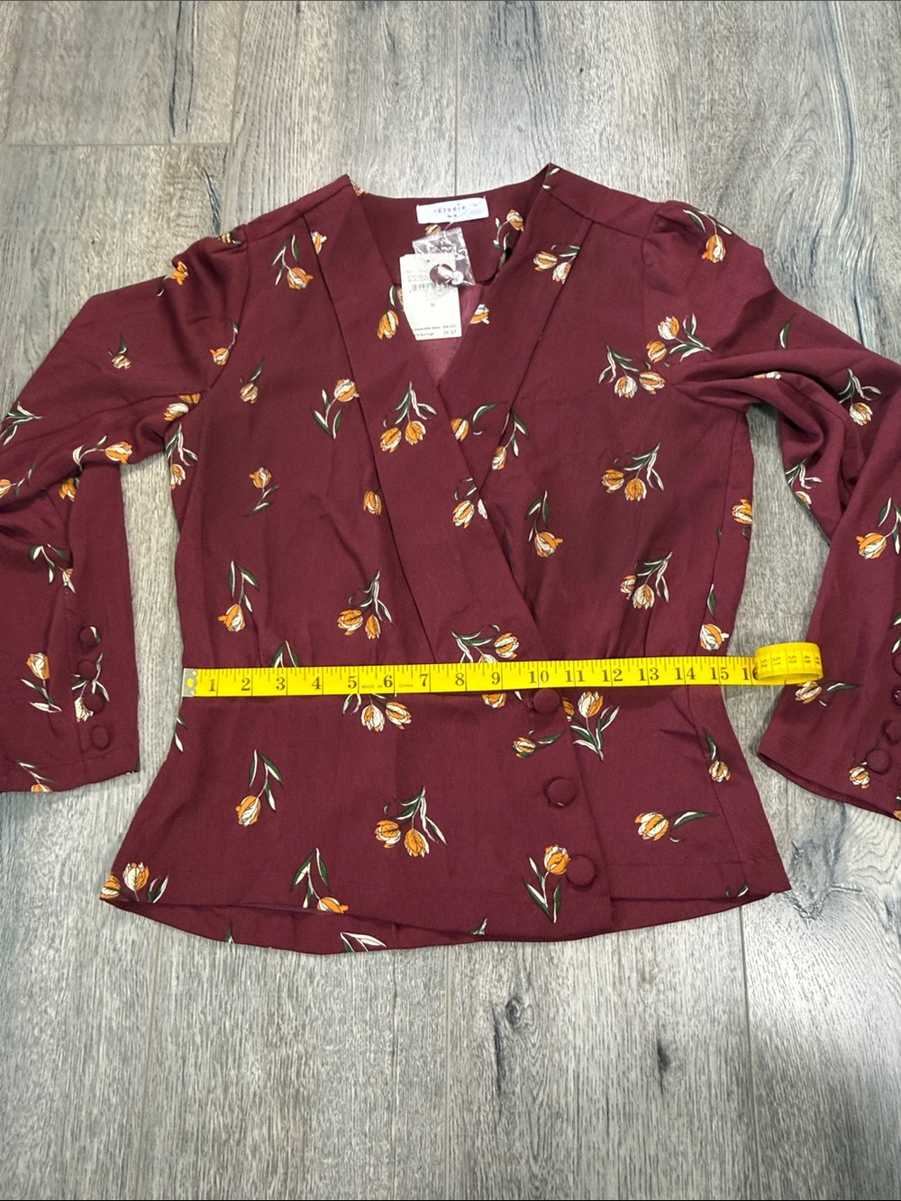 Elodie Burgundy Floral Wrap Blouse with Yellow Accent - Picture 8 of 9